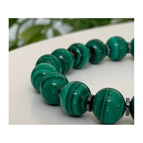 10mm Polished Malachite Black Onyx Hematite Protection Stretch Bracelet - Picture 4 of 9